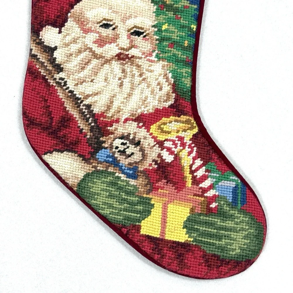 Vintage Christmas Stocking Needlepoint by Hand‎ Wool Velvet Santa Claus Presents